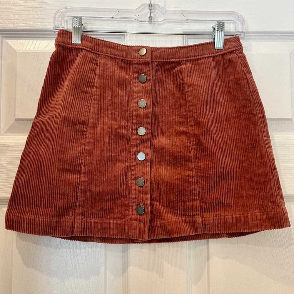 Forever 21 Mini Skirt Rust Orange Corduroy Button Front Retro 70s Aesthetic Boho